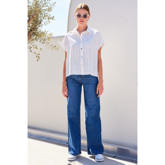 20262 Kısa Kol Çizgili Gömlek - Beyaz