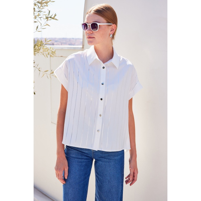 20262 Kısa Kol Çizgili Gömlek - Beyaz