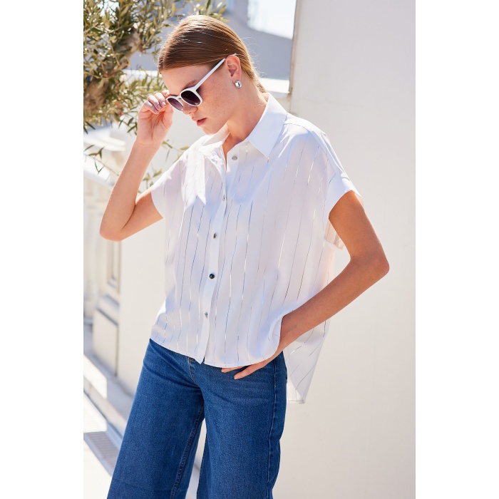 20262 Kısa Kol Çizgili Gömlek - Beyaz