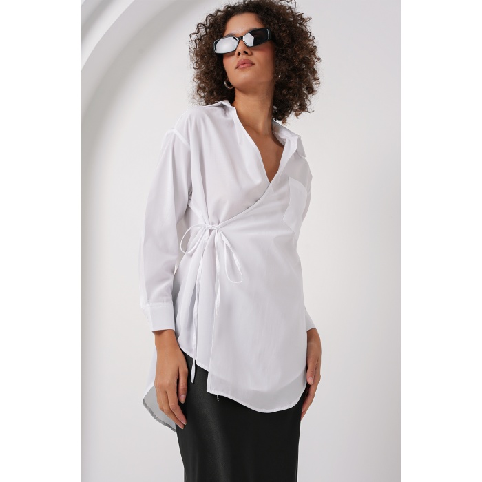 20271 Uzun Kruvaze Gömlek - Beyaz