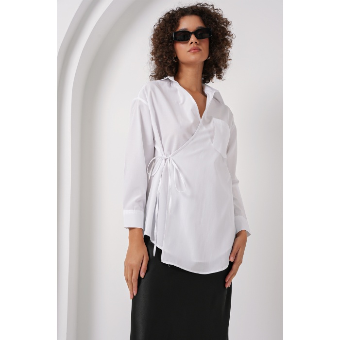 20271 Uzun Kruvaze Gömlek - Beyaz