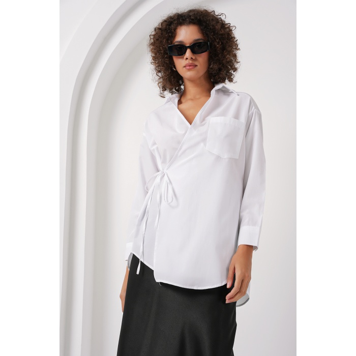 20271 Uzun Kruvaze Gömlek - Beyaz