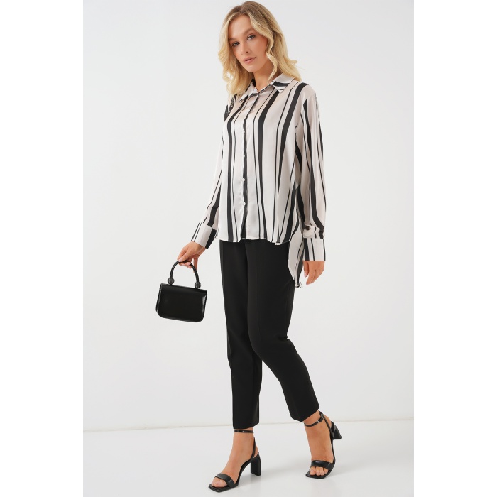 Kadın Çizgili Uzun Saten Gömlek 20291 - Siyah