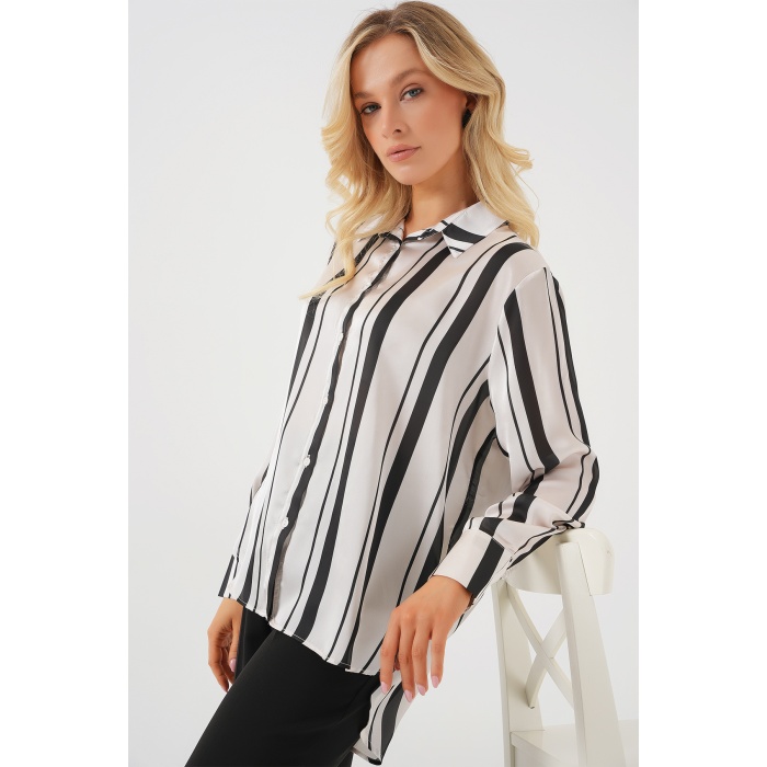 Kadın Çizgili Uzun Saten Gömlek 20291 - Siyah