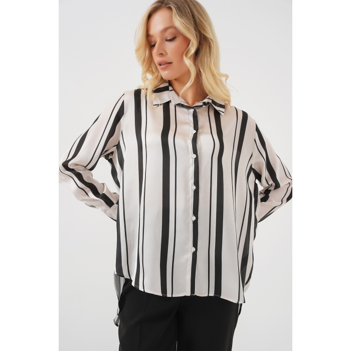 Kadın Çizgili Uzun Saten Gömlek 20291 - Siyah