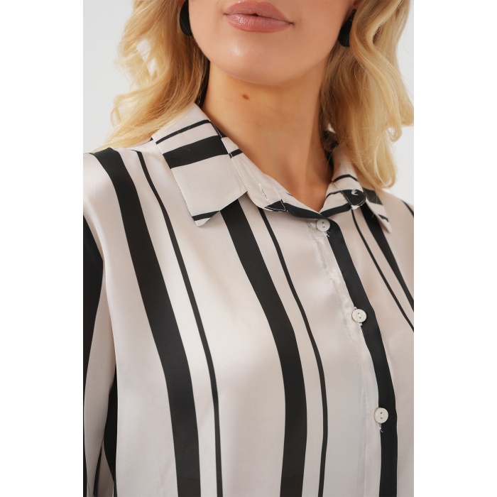 Kadın Çizgili Uzun Saten Gömlek 20291 - Siyah