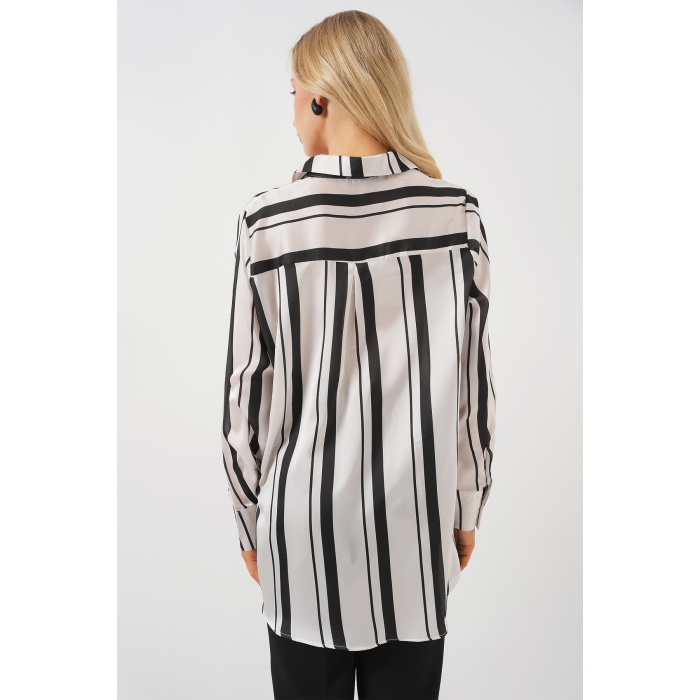 Kadın Çizgili Uzun Saten Gömlek 20291 - Siyah