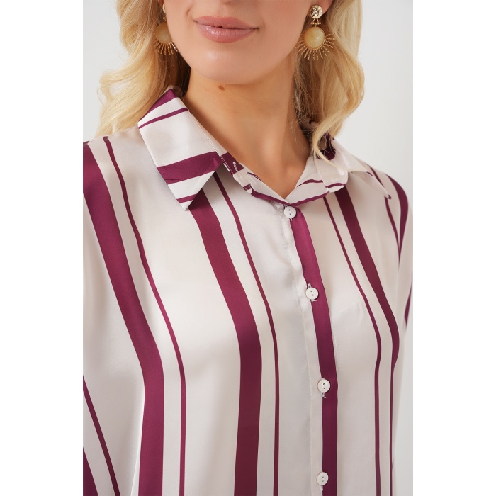 Kadın Çizgili Uzun Saten Gömlek 20291 - Bordo