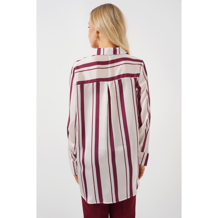 Kadın Çizgili Uzun Saten Gömlek 20291 - Bordo
