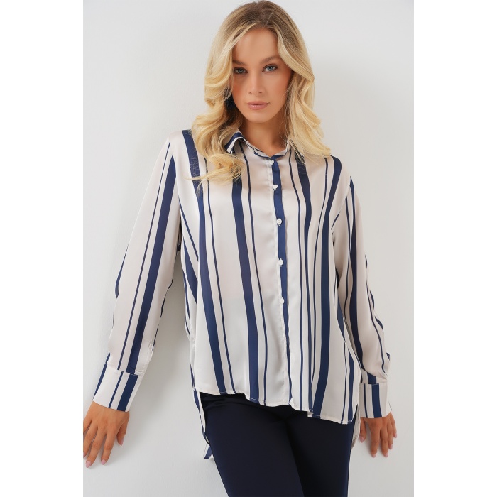 Kadın Çizgili Uzun Saten Gömlek 20291 - Lacivert