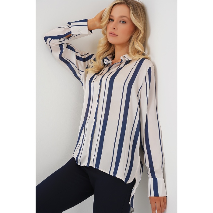 Kadın Çizgili Uzun Saten Gömlek 20291 - Lacivert
