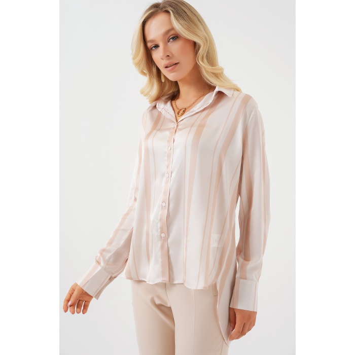 Kadın Çizgili Uzun Saten Gömlek 20291 - Bej