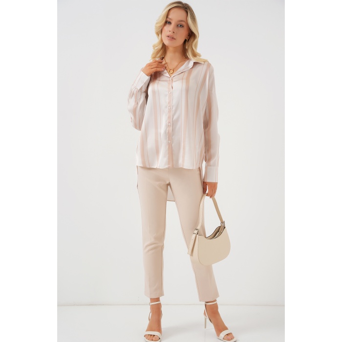 Kadın Çizgili Uzun Saten Gömlek 20291 - Bej