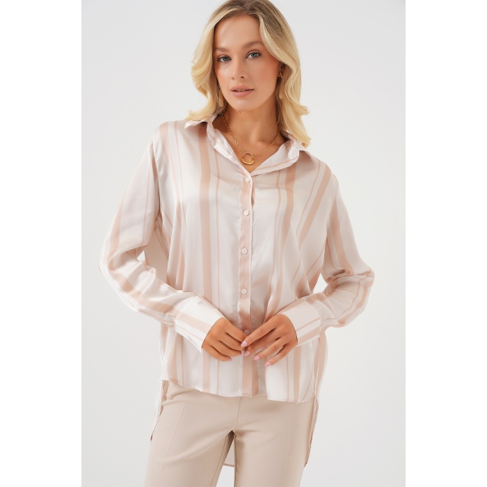 Kadın Çizgili Uzun Saten Gömlek 20291 - Bej