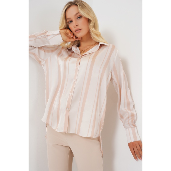 Kadın Çizgili Uzun Saten Gömlek 20291 - Bej