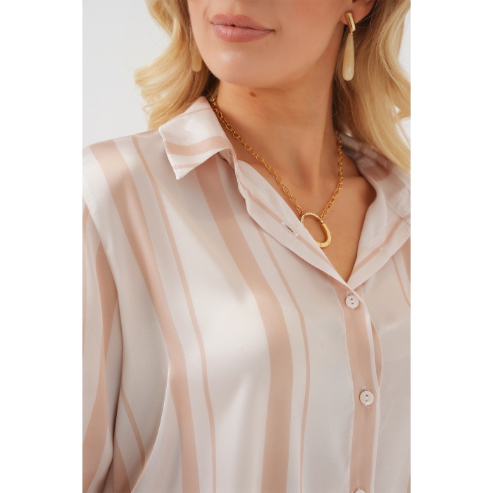 Kadın Çizgili Uzun Saten Gömlek 20291 - Bej