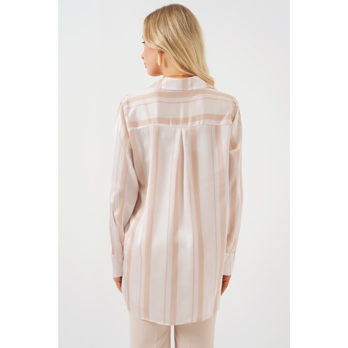 Kadın Çizgili Uzun Saten Gömlek 20291 - Bej