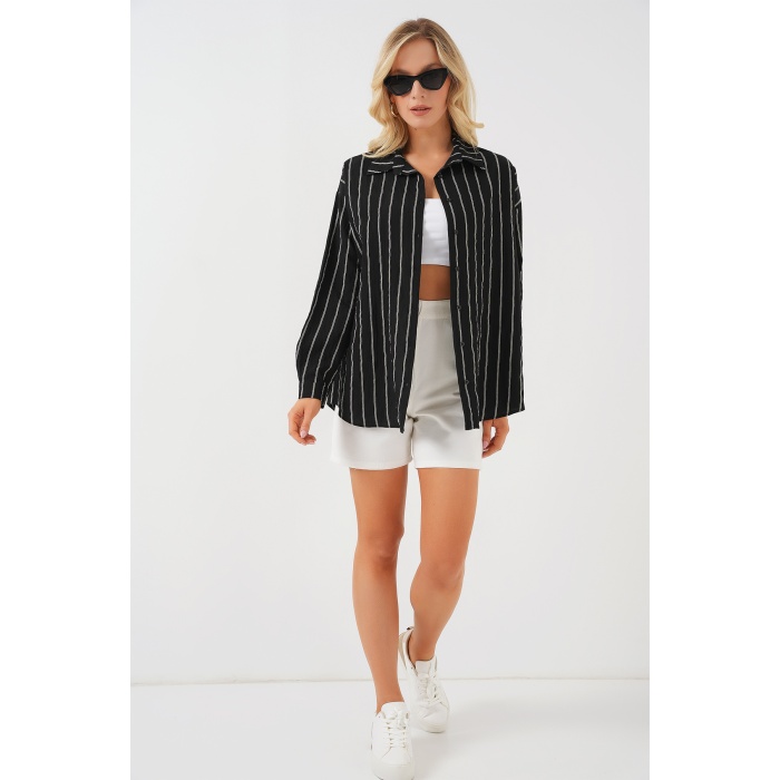 Kadın Çizgili Oversize Gömlek 20293 - Siyah