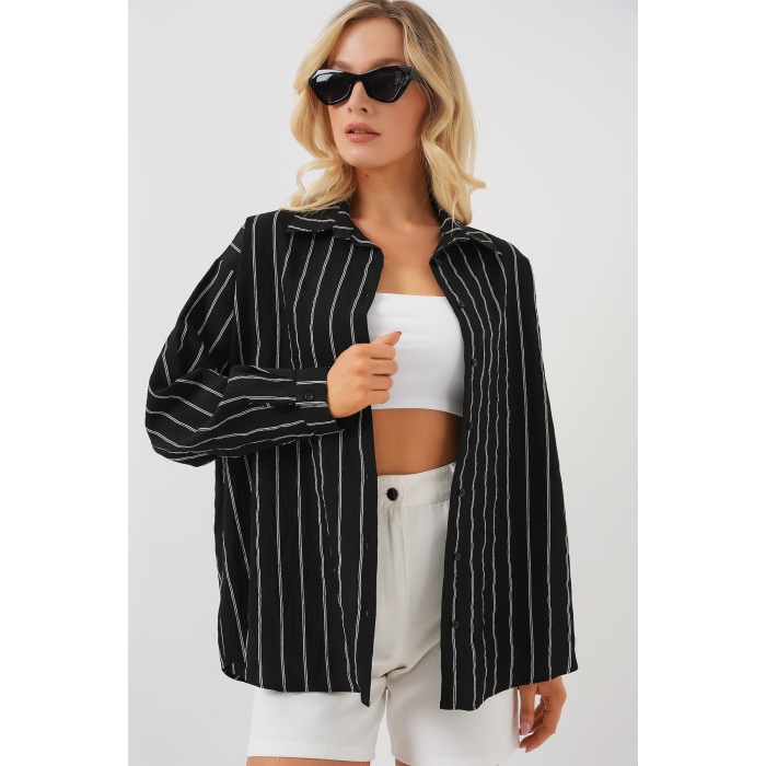 Kadın Çizgili Oversize Gömlek 20293 - Siyah