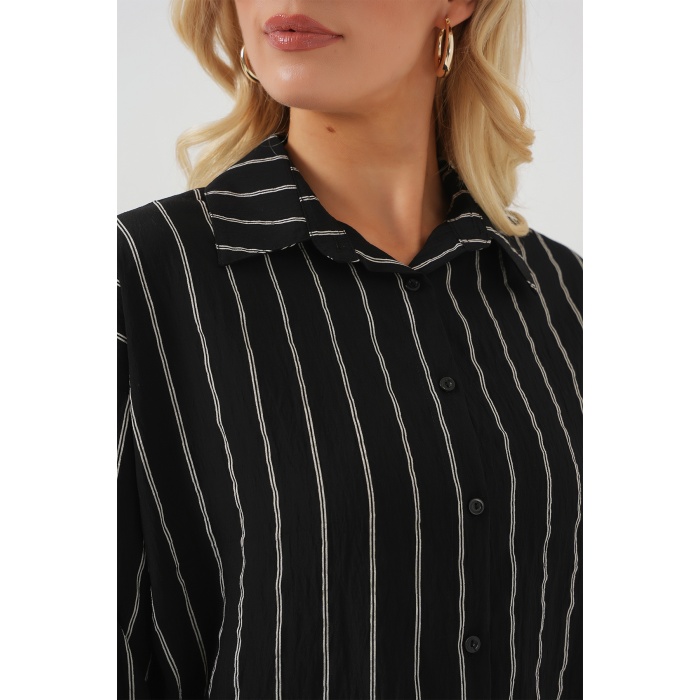 Kadın Çizgili Oversize Gömlek 20293 - Siyah
