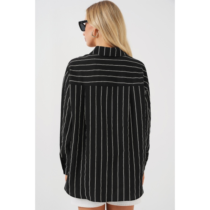 Kadın Çizgili Oversize Gömlek 20293 - Siyah