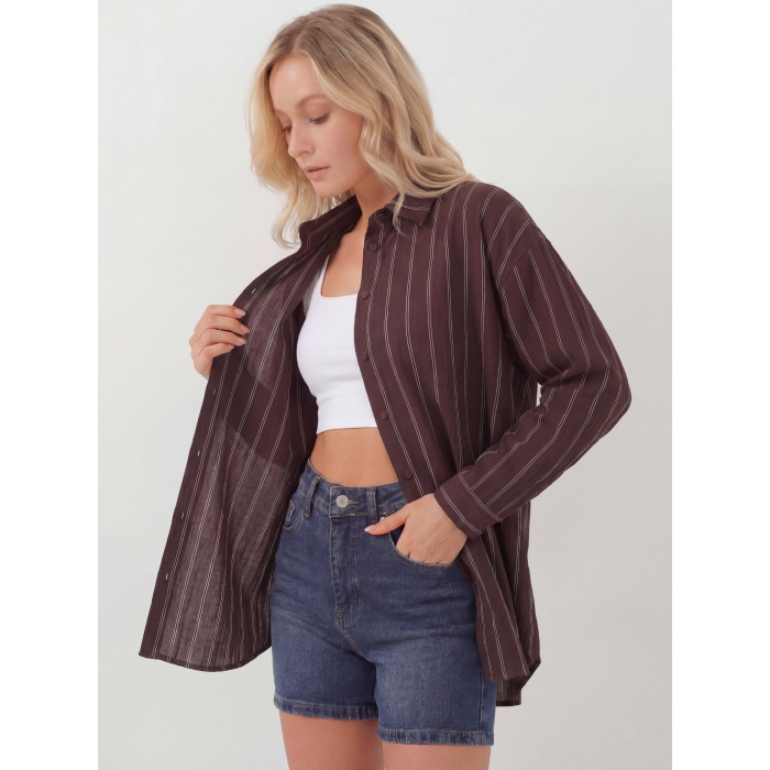 Kadın Çizgili Oversize Gömlek 20293 - Kahverengi