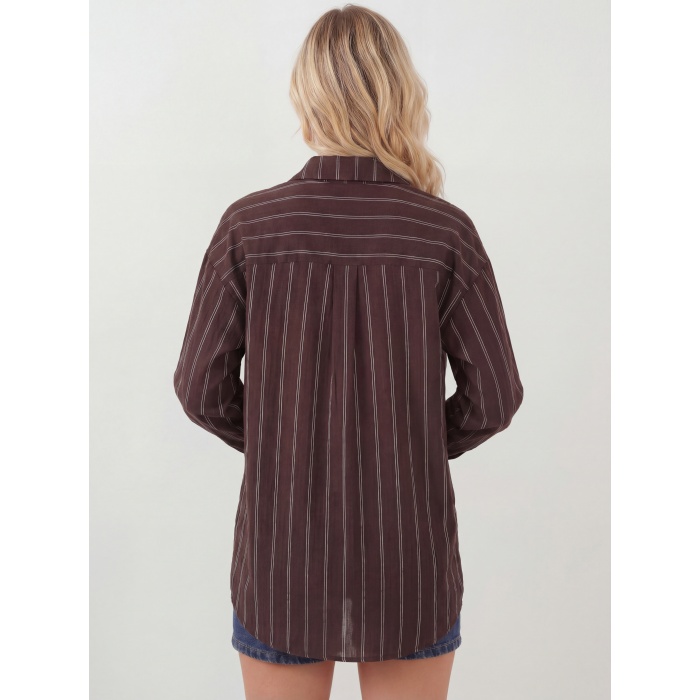Kadın Çizgili Oversize Gömlek 20293 - Kahverengi