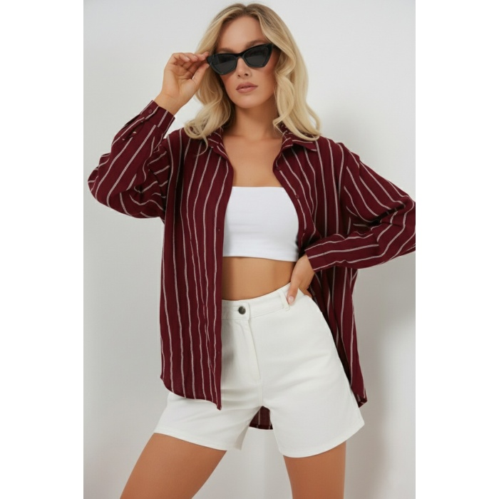 Kadın Çizgili Oversize Gömlek 20293 - Bordo