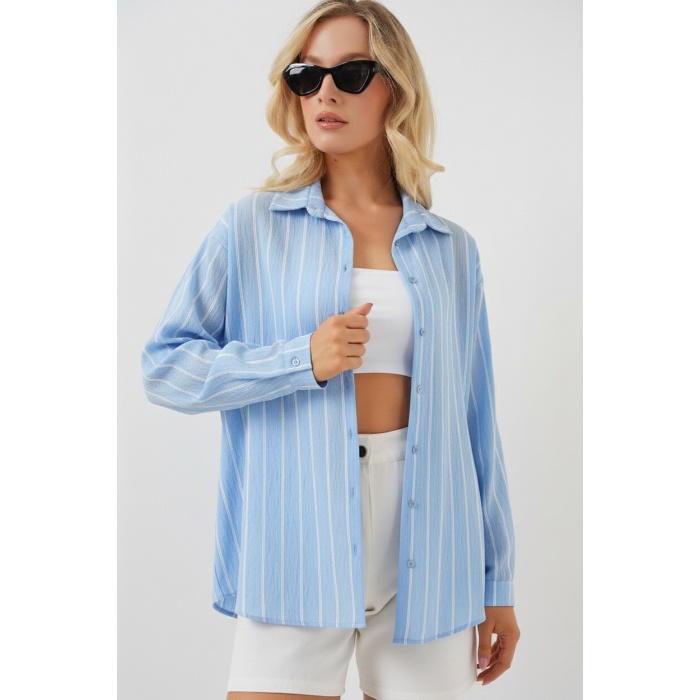 Kadın Çizgili Oversize Gömlek 20293 - Mavi