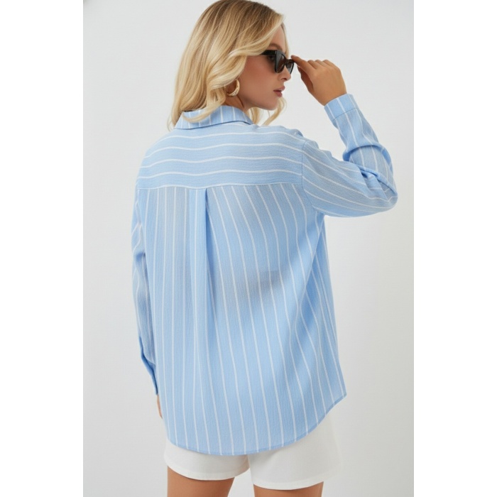 Kadın Çizgili Oversize Gömlek 20293 - Mavi