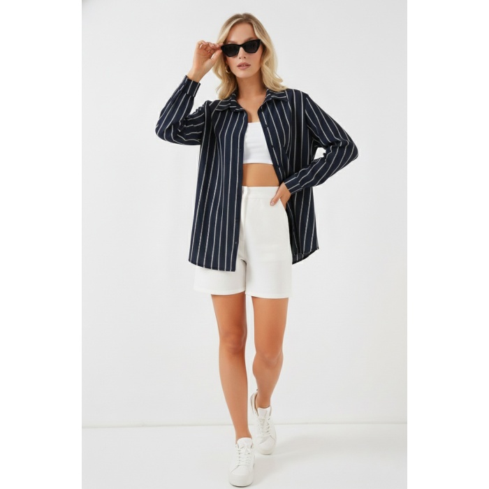 Kadın Çizgili Oversize Gömlek 20293 - Lacivert