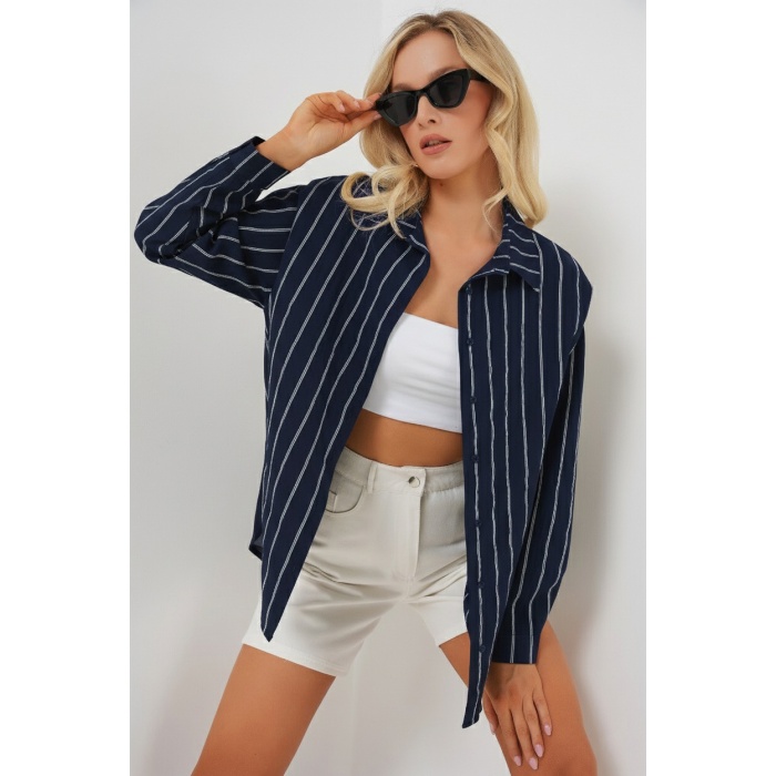 Kadın Çizgili Oversize Gömlek 20293 - Lacivert