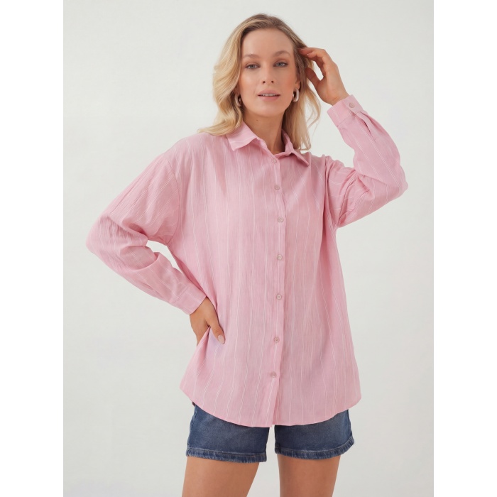 Kadın Çizgili Oversize Gömlek 20293 - Pembe