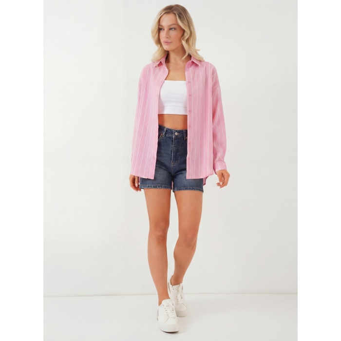 Kadın Çizgili Oversize Gömlek 20293 - Pembe
