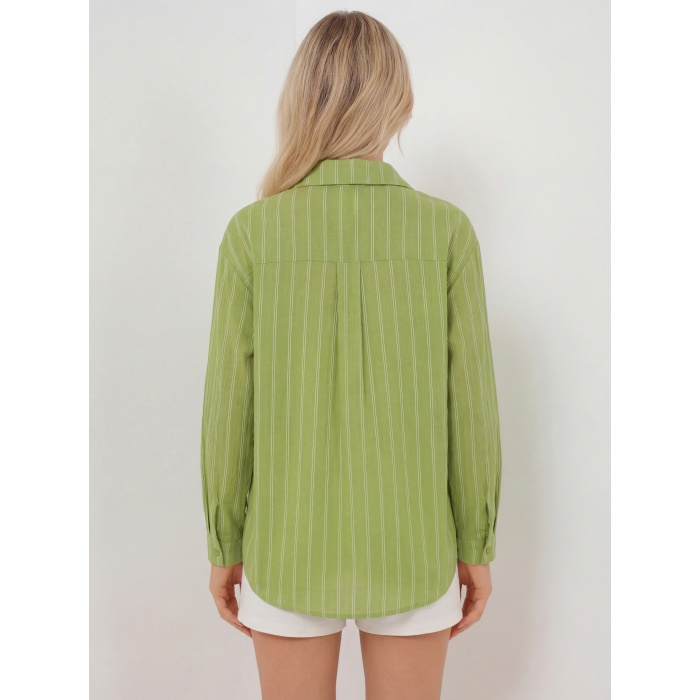 Kadın Çizgili Oversize Gömlek 20293 - E.Yeşil