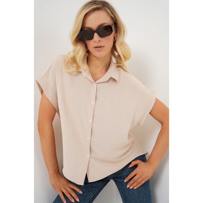 Kadın Oversize Kısa Kol Gömlek 20322 - Krem