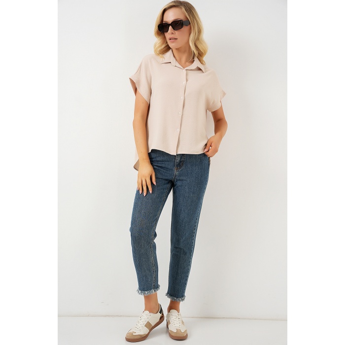 Kadın Oversize Kısa Kol Gömlek 20322 - Krem