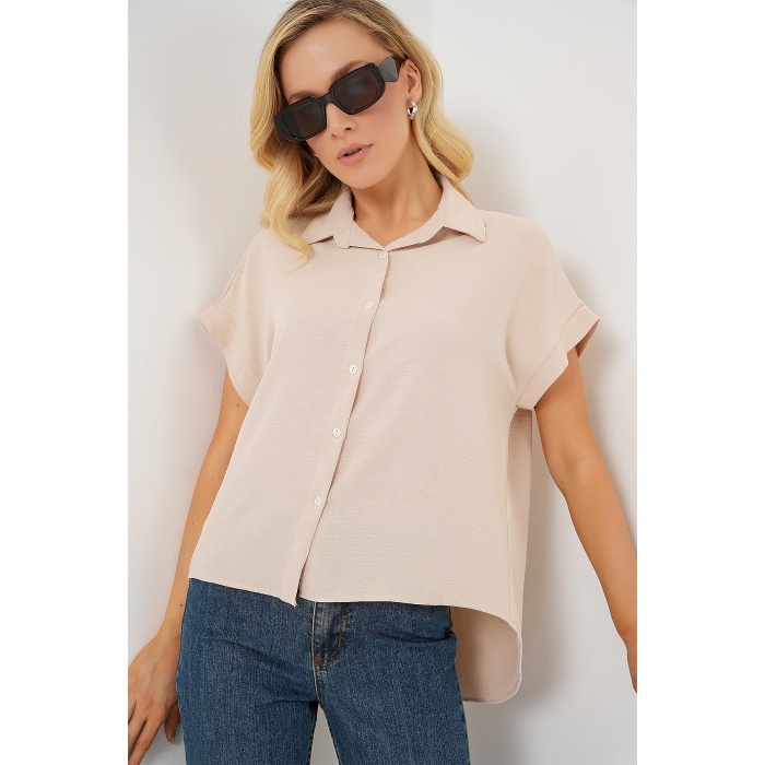 Kadın Oversize Kısa Kol Gömlek 20322 - Krem
