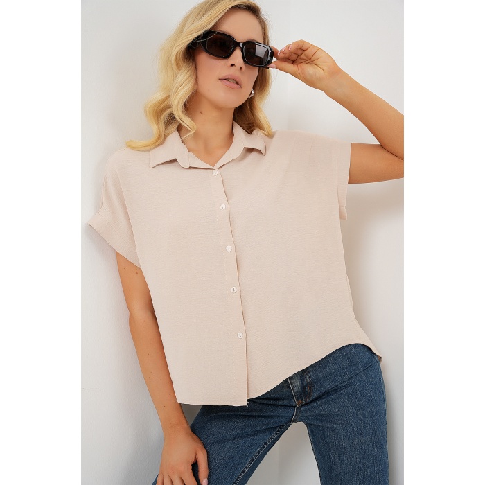 Kadın Oversize Kısa Kol Gömlek 20322 - Krem