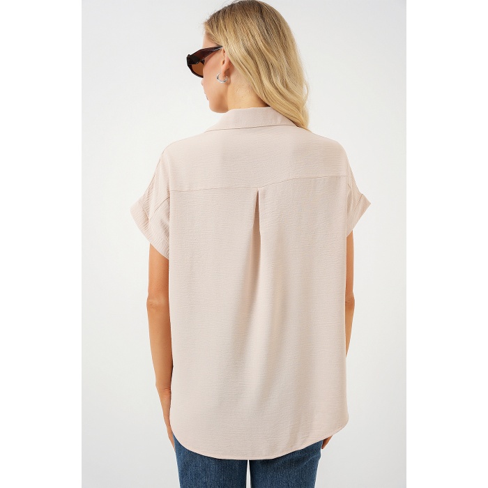 Kadın Oversize Kısa Kol Gömlek 20322 - Krem