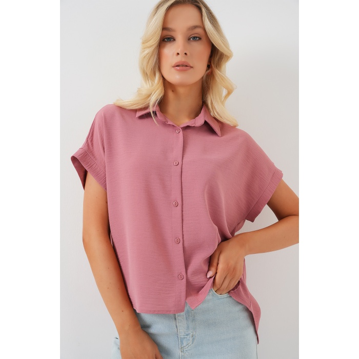 Kadın Oversize Kısa Kol Gömlek 20322 - Pembe