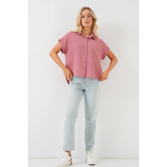 Kadın Oversize Kısa Kol Gömlek 20322 - Pembe