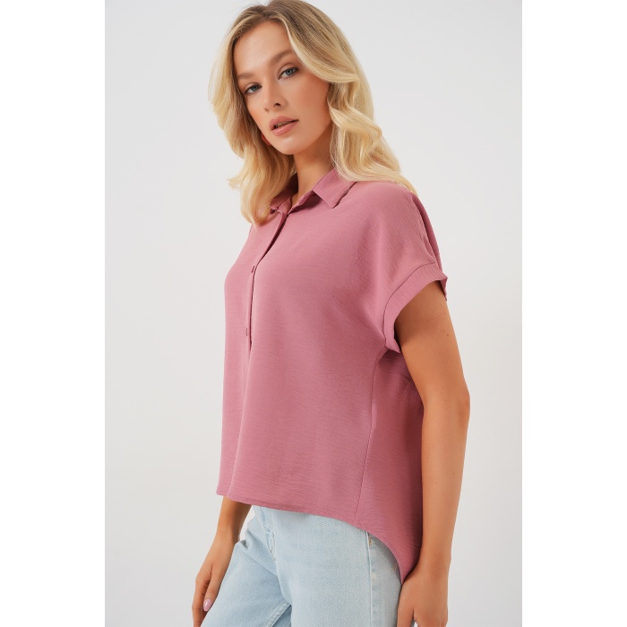 Kadın Oversize Kısa Kol Gömlek 20322 - Pembe