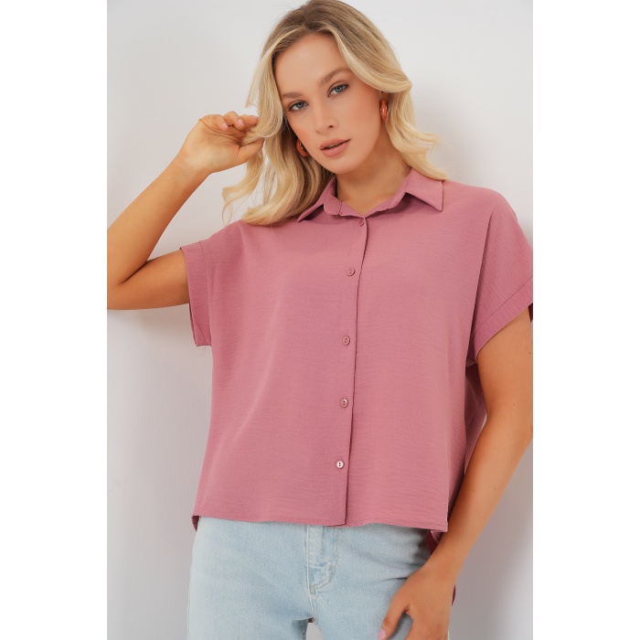 Kadın Oversize Kısa Kol Gömlek 20322 - Pembe