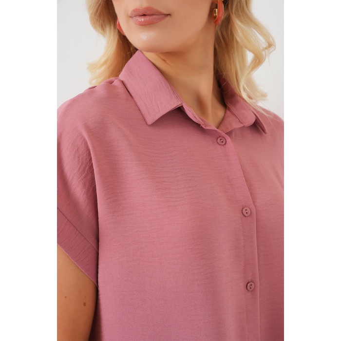 Kadın Oversize Kısa Kol Gömlek 20322 - Pembe