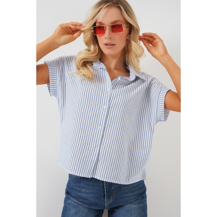Kadın Çizgili Kısa Kol Gömlek 20324 - Mavi