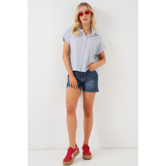 Kadın Çizgili Kısa Kol Gömlek 20324 - Mavi