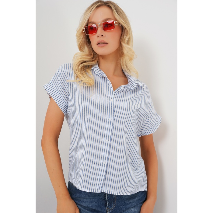 Kadın Çizgili Kısa Kol Gömlek 20324 - Mavi