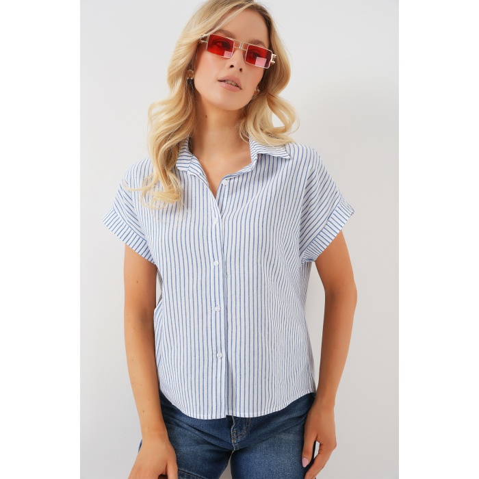 Kadın Çizgili Kısa Kol Gömlek 20324 - Mavi