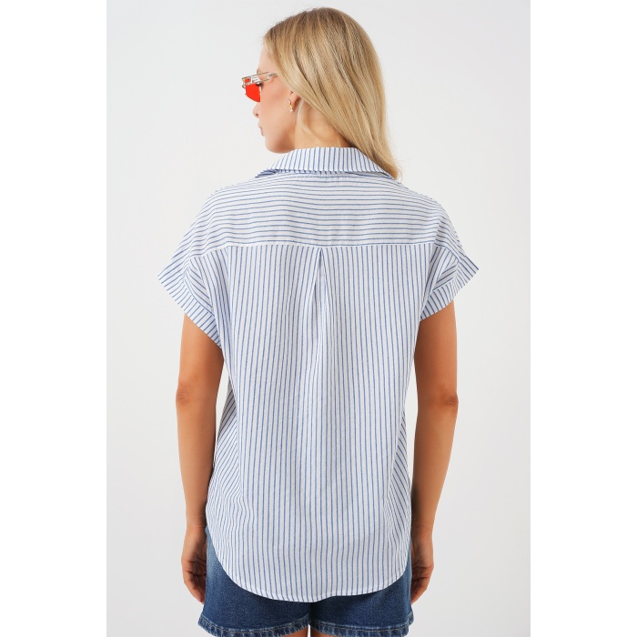 Kadın Çizgili Kısa Kol Gömlek 20324 - Mavi